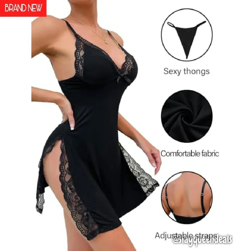 Floral Lace Trim Babydoll Nightgown with Thong 2 Piece Set